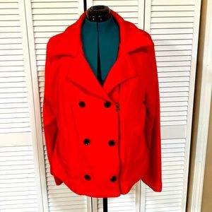 Old Navy XXL Bright Red-Orange Fleece Moto Jacket with Zipper & Button Closure.